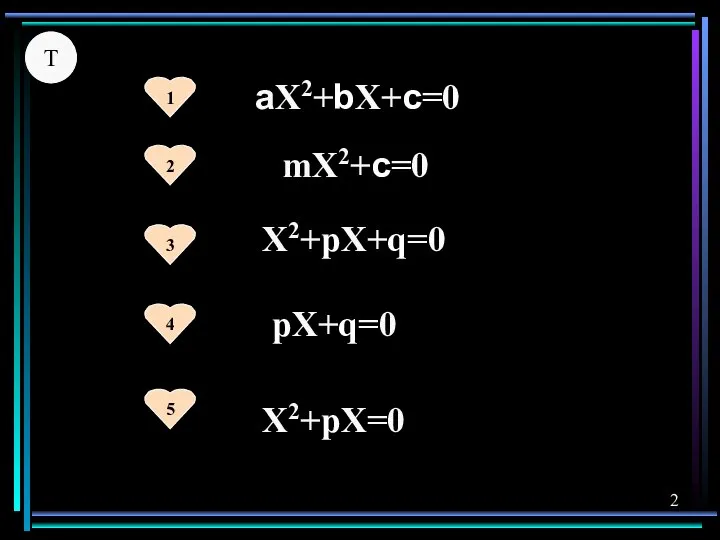 Т X2+рX+q=0 X2+рX=0 рX+q=0 mX2+c=0 аX2+bX+c=0 1 2 3 4 5 2