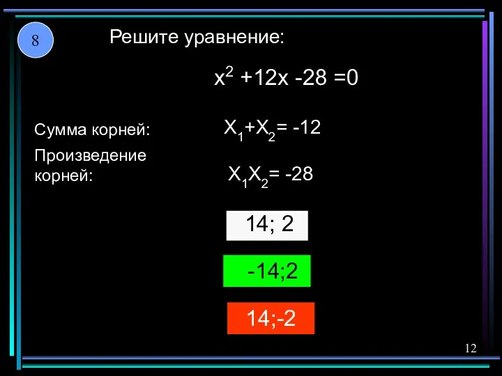 14;-2 14; 2 -14;2 X1+X2= -12 X1X2= -28 x2 +12x -28