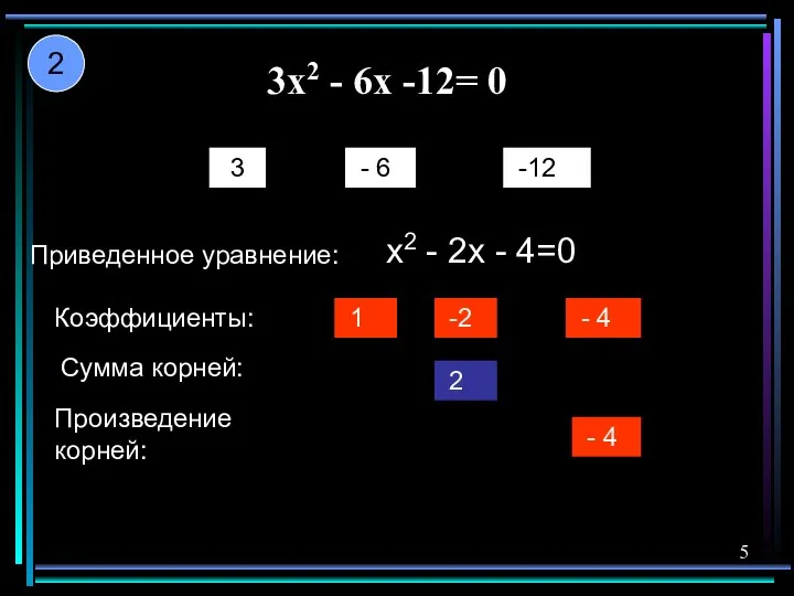 3x2 - 6x -12= 0 3 - 6 -12 Приведенное уравнение: