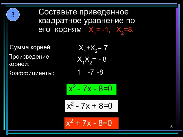 Составьте приведенное квадратное уравнение по его корням: X1= -1, X2=8. x2