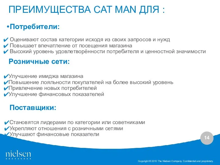 ПРЕИМУЩЕСТВА CAT MAN ДЛЯ : Потребители: Оценивают состав категории исходя из