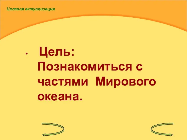 Целевая актуализация Цель: Познакомиться с частями Мирового океана.