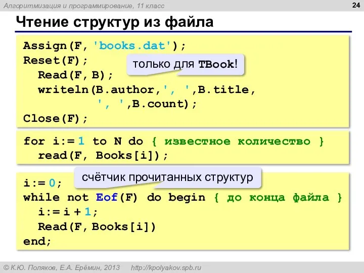 Чтение структур из файла Assign(F, 'books.dat'); Reset(F); Read(F, B); writeln(B.author,', ',B.title,