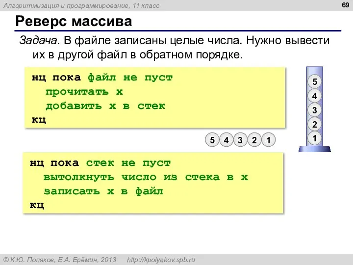 Реверс массива Задача. В файле записаны целые числа. Нужно вывести их