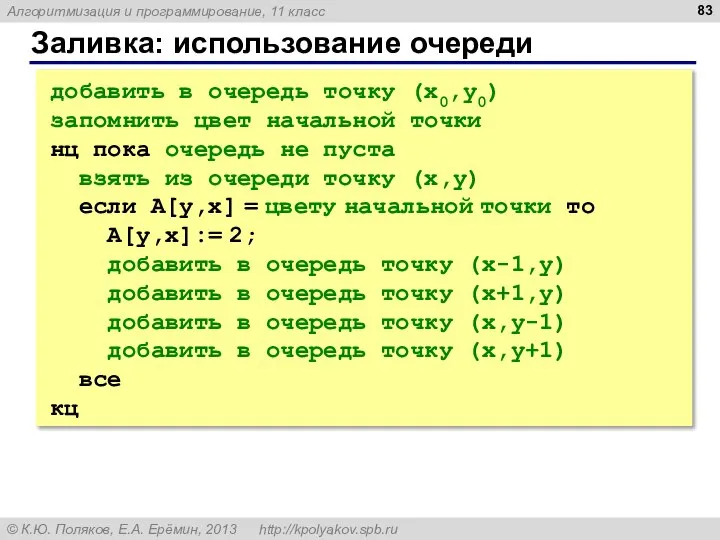 Заливка: использование очереди добавить в очередь точку (x0,y0) запомнить цвет начальной