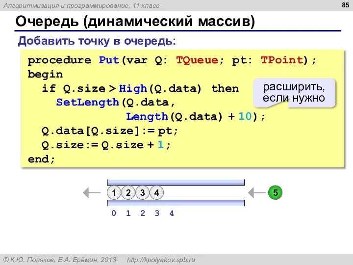 Очередь (динамический массив) Добавить точку в очередь: procedure Put(var Q: TQueue;