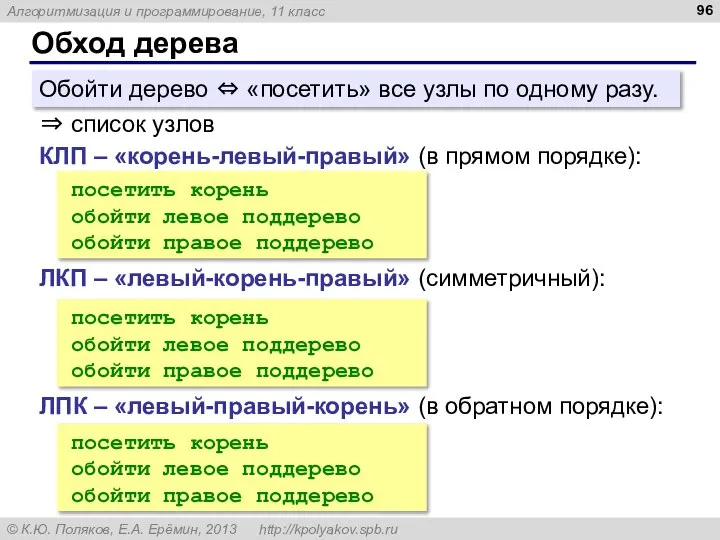 Обход дерева Обойти дерево ⇔ «посетить» все узлы по одному разу.