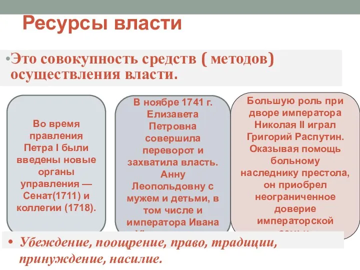 Ресурсы власти Это совокупность средств ( методов) осуществления власти. Во время