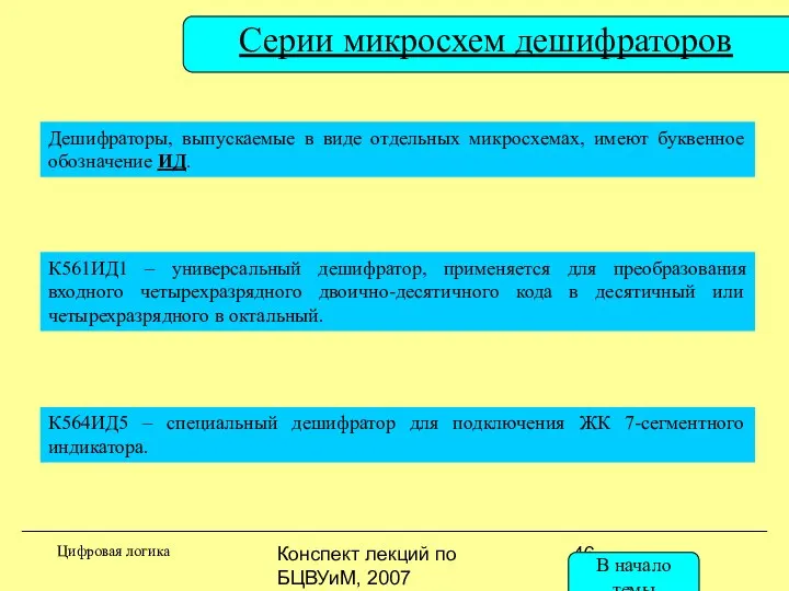 Конспект лекций по БЦВУиМ, 2007 Серии микросхем дешифраторов Дешифраторы, выпускаемые в