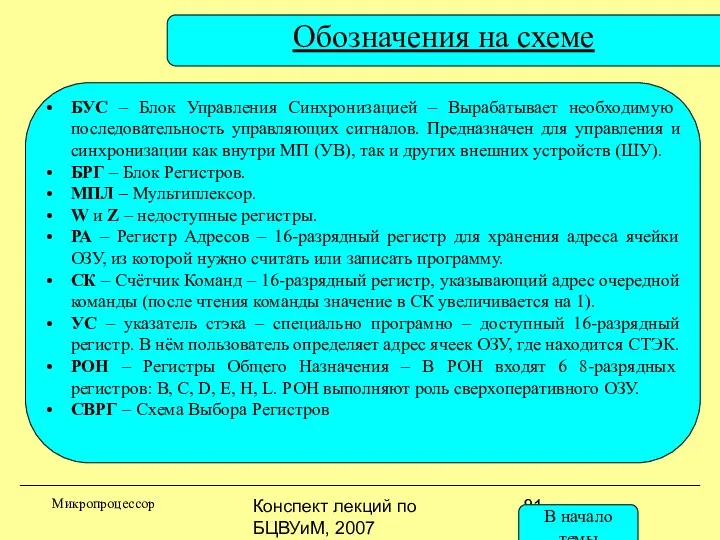 Конспект лекций по БЦВУиМ, 2007 Обозначения на схеме Микропроцессор БУС –