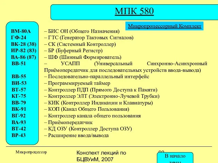 Конспект лекций по БЦВУиМ, 2007 МПК 580 Микропроцессор Микропроцессорный Комплект ВМ-80А