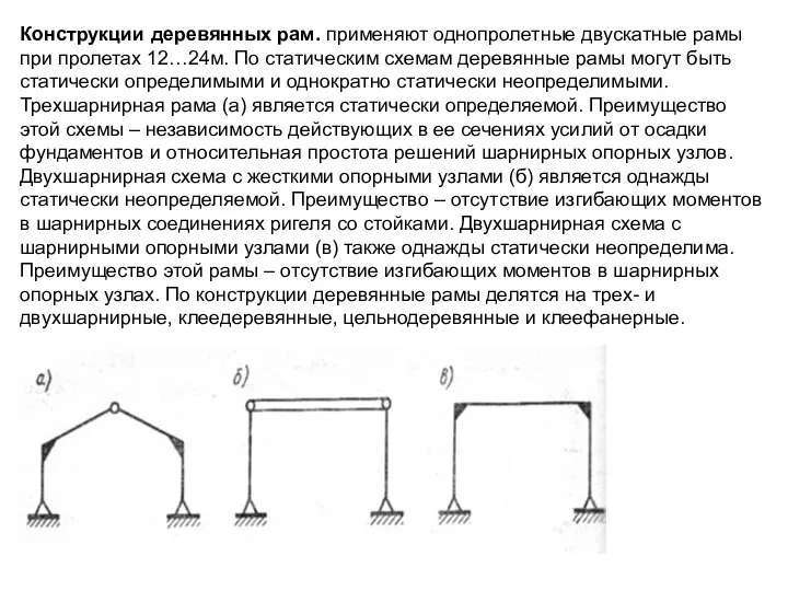 Конструкции деревянных рам. применяют однопролетные двускатные рамы при пролетах 12…24м. По