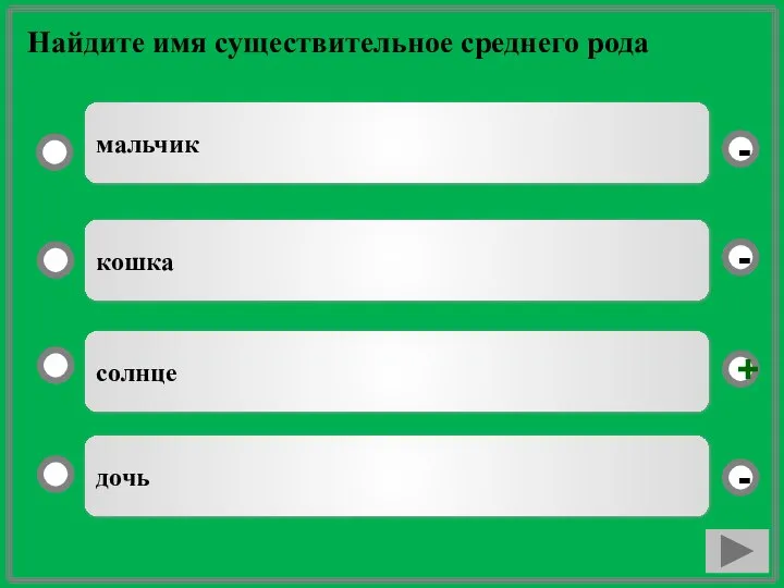 Найдите имя существительное среднего рода солнце кошка дочь мальчик - - + -