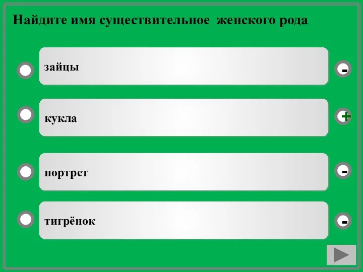 Найдите имя существительное женского рода кукла портрет тигрёнок зайцы - - + -