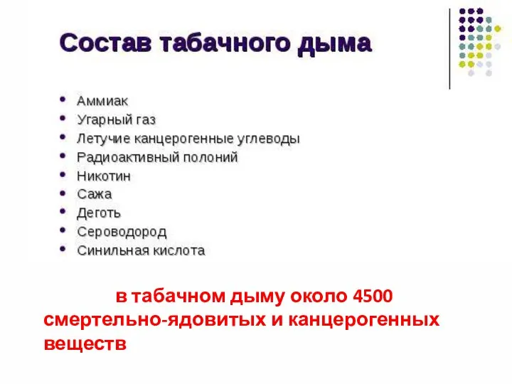 в табачном дыму около 4500 смертельно-ядовитых и канцерогенных веществ