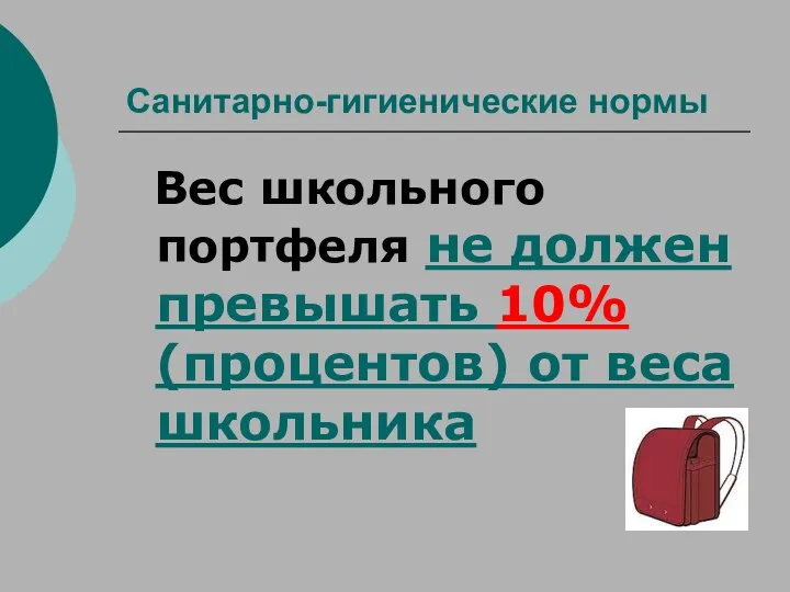 Санитарно-гигиенические нормы Вес школьного портфеля не должен превышать 10% (процентов) от веса школьника