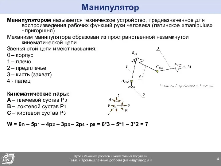 Манипулятор Манипулятором называется техническое устройство, предназначенное для воспроизведения рабочих функций руки