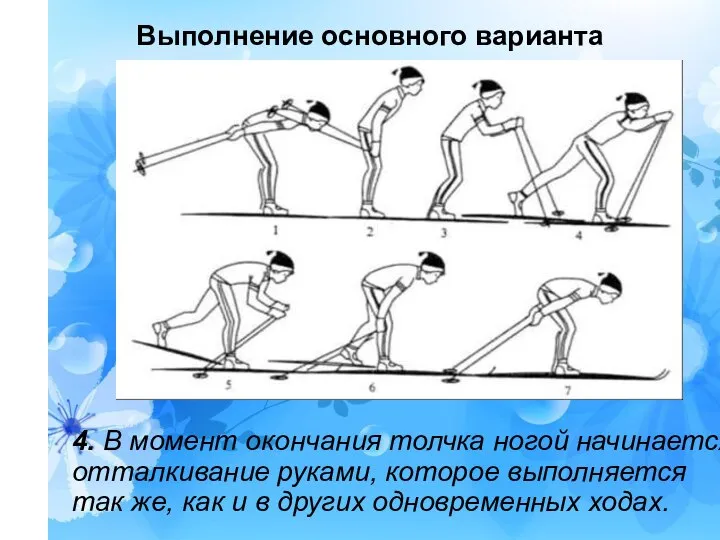 Выполнение основного варианта 4. В момент окончания толчка ногой начинается отталкивание