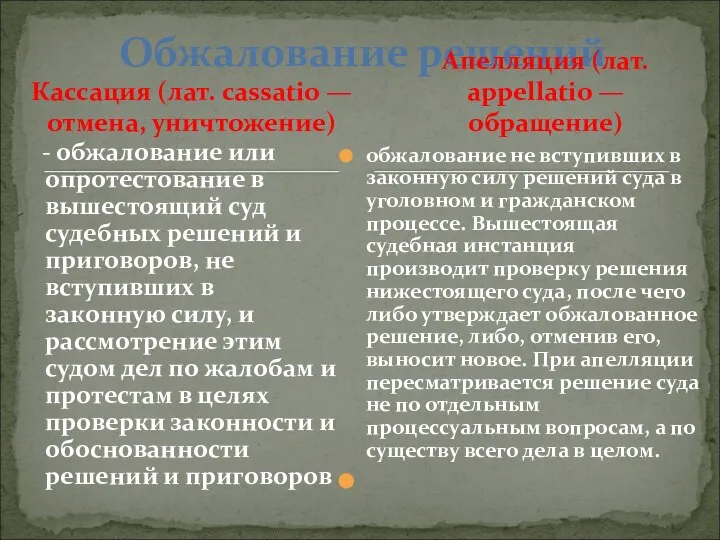 Кассация (лат. cassatio — отмена, уничтожение) - обжалование или опротестование в