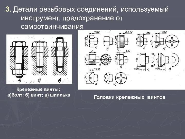 3. Детали резьбовых соединений, используемый инструмент, предохранение от самоотвинчивания Крепежные винты: