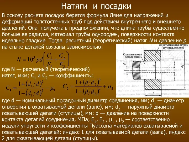 Натяги и посадки В основу расчета посадок берется формула Ляме для