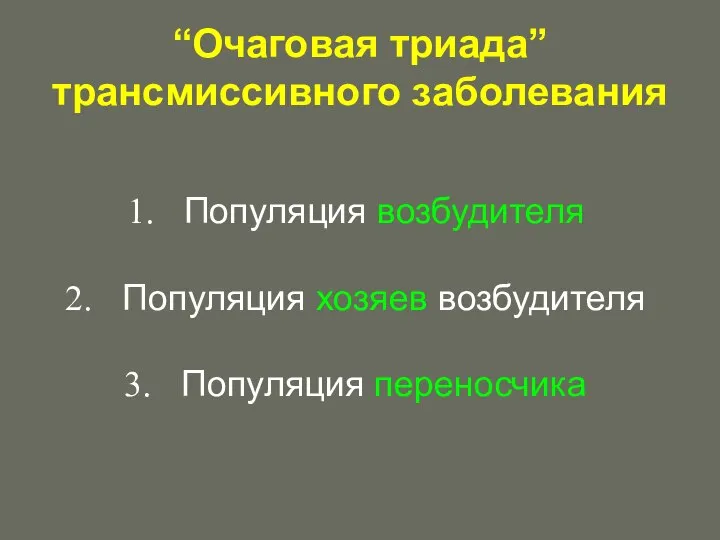 “Очаговая триада” трансмиссивного заболевания Популяция возбудителя Популяция хозяев возбудителя Популяция переносчика