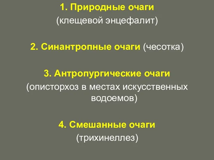 1. Природные очаги (клещевой энцефалит) 2. Синантропные очаги (чесотка) 3. Антропургические