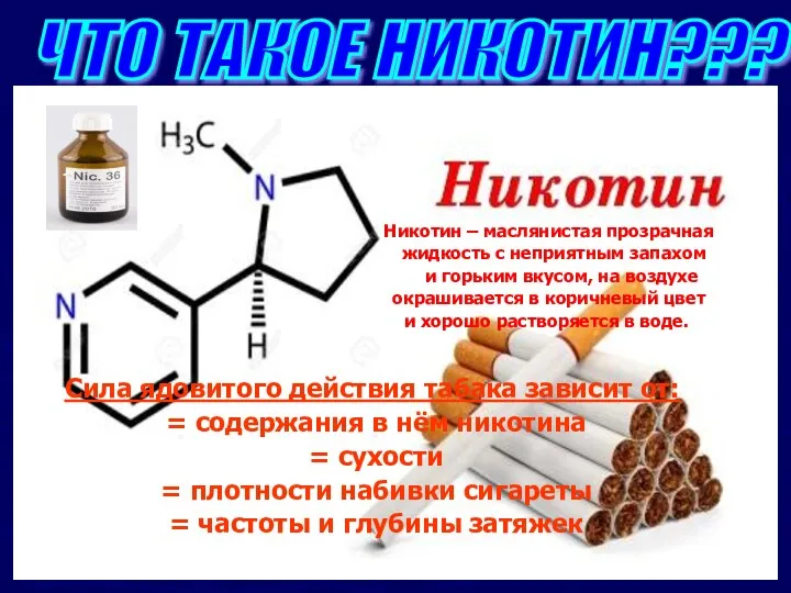 Никотин – маслянистая прозрачная жидкость с неприятным запахом и горьким вкусом,