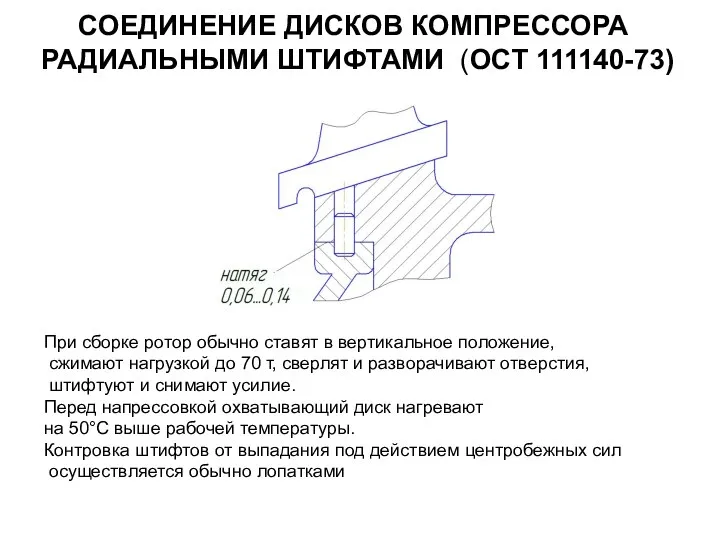 СОЕДИНЕНИЕ ДИСКОВ КОМПРЕССОРА РАДИАЛЬНЫМИ ШТИФТАМИ (ОСТ 111140-73) При сборке ротор обычно