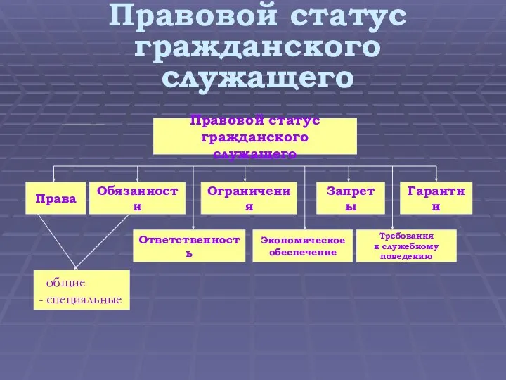 Правовой статус гражданского служащего Правовой статус гражданского служащего Права Обязанности Ограничения