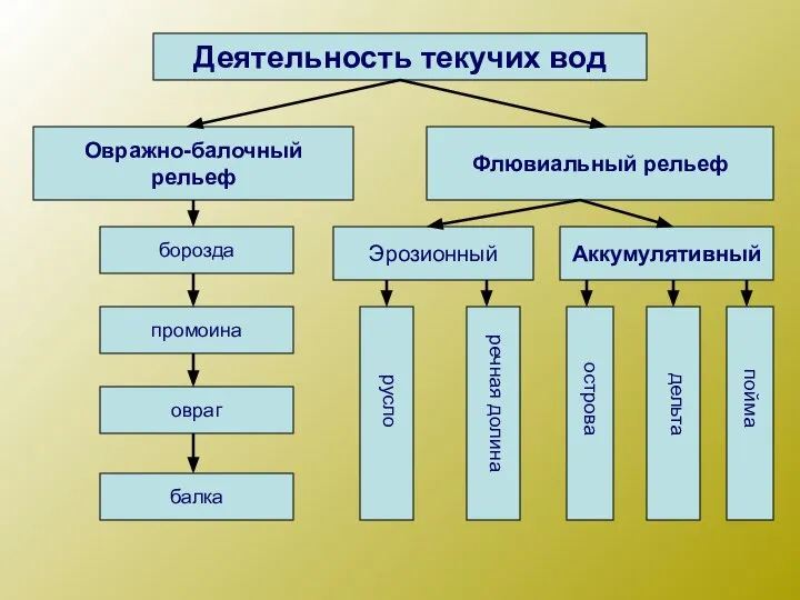 Деятельность текучих вод Овражно-балочный рельеф Флювиальный рельеф борозда промоина овраг балка