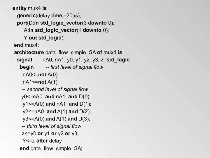 entity mux4 is generic(delay:time:=20ps); port(D:in std_logic_vector(3 downto 0); A:in std_logic_vector(1 downto