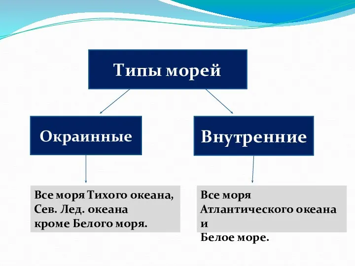 Типы морей Окраинные Внутренние Все моря Тихого океана, Сев. Лед. океана