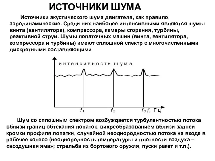 ИСТОЧНИКИ ШУМА Источники акустического шума двигателя, как правило, аэродинамические. Среди них