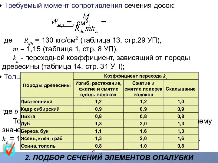 2. ПОДБОР СЕЧЕНИЙ ЭЛЕМЕНТОВ ОПАЛУБКИ Требуемый момент сопротивления сечения досок: ____,