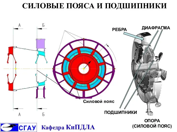 СИЛОВЫЕ ПОЯСА И ПОДШИПНИКИ Силовой пояс ОПОРА (СИЛОВОЙ ПОЯС) РЕБРА ДИАФРАГМА ПОДШИПНИКИ Кафедра КиПДЛА