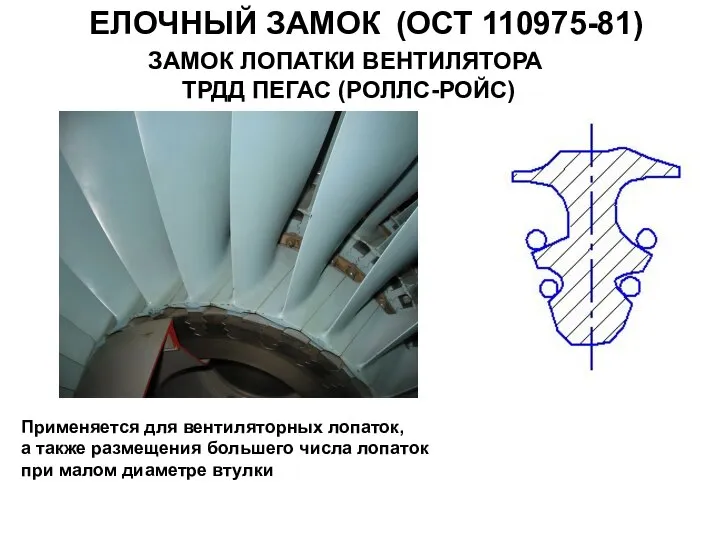 ЕЛОЧНЫЙ ЗАМОК (ОСТ 110975-81) Применяется для вентиляторных лопаток, а также размещения