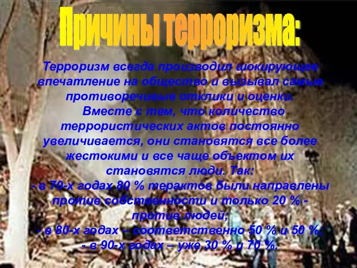 Причины терроризма: Терроризм всегда производил шокирующее впечатление на общество и вызывал