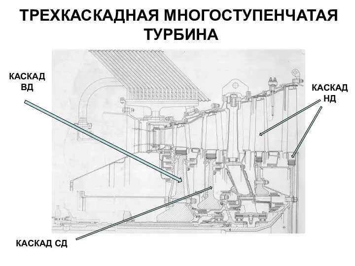 ТРЕХКАСКАДНАЯ МНОГОСТУПЕНЧАТАЯ ТУРБИНА КАСКАД ВД КАСКАД СД КАСКАД НД