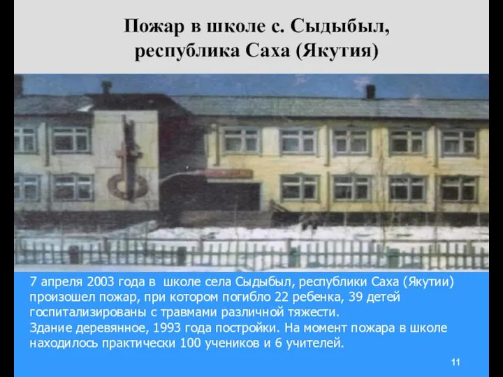 Пожар в школе с. Сыдыбыл, республика Саха (Якутия) 7 апреля 2003