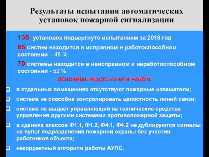 Результаты испытания автоматических установок пожарной сигнализации 135 установок подвергнуто испытаниям за