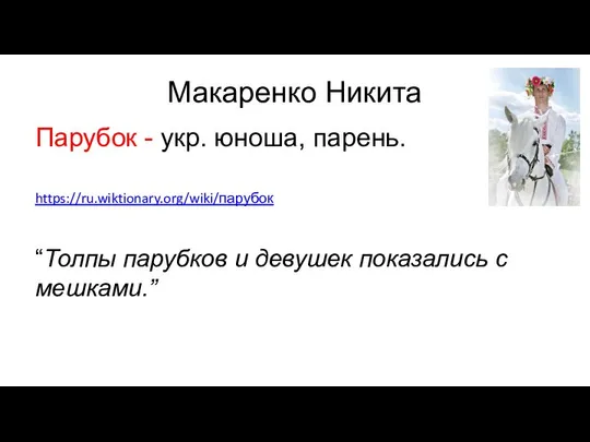 Макаренко Никита Парубок - укр. юноша, парень. https://ru.wiktionary.org/wiki/парубок “Толпы парубков и девушек показались с мешками.”