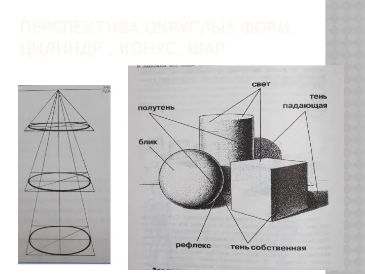 ПЕРСПЕКТИВА ОКРУГЛЫХ ФОРМ ЦИЛИНДР , КОНУС, ШАР