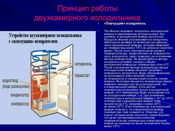 Принцип работы двухкамерного холодильника «Плачущий» испаритель Так обычно называют испаритель холодильной