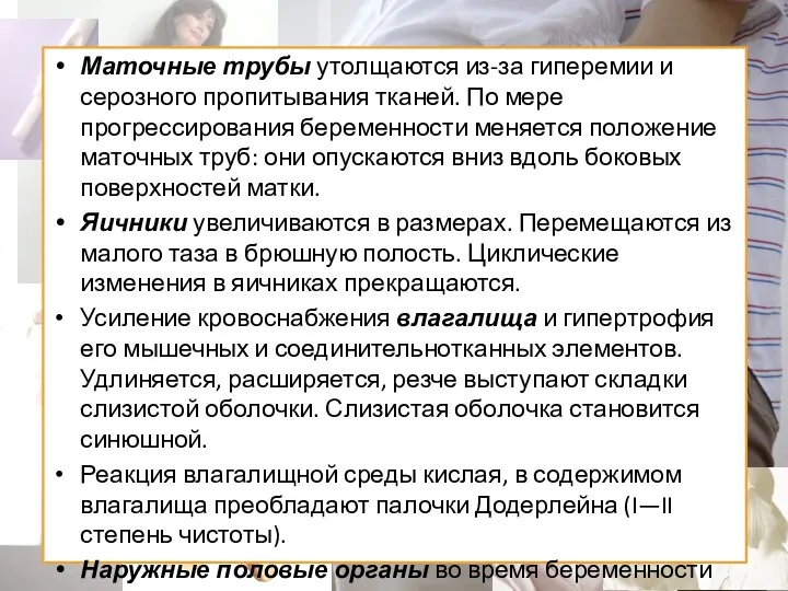 Маточные трубы утолщаются из-за гиперемии и серозного пропитывания тканей. По мере