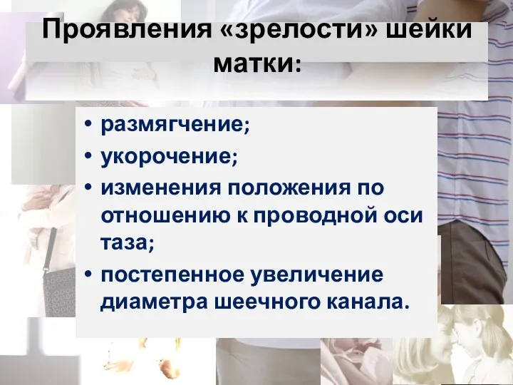 Проявления «зрелости» шейки матки: размягчение; укорочение; изменения положения по отношению к