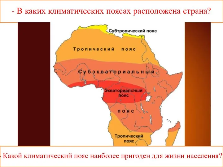 - В каких климатических поясах расположена страна? - Какой климатический пояс наиболее пригоден для жизни населения?