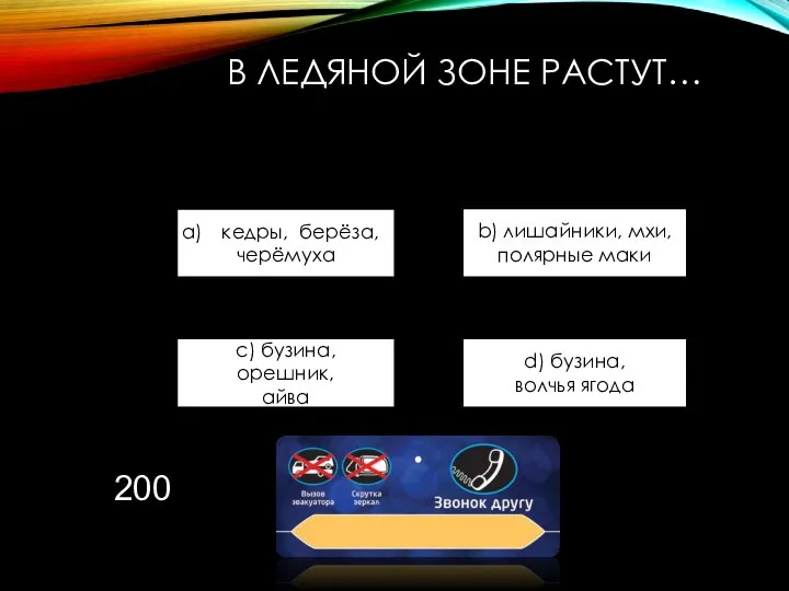 В ЛЕДЯНОЙ ЗОНЕ РАСТУТ… кедры, берёза, черёмуха b) лишайники, мхи, полярные