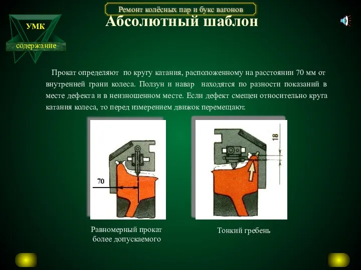 Абсолютный шаблон Прокат определяют по кругу катания, расположенному на расстоянии 70