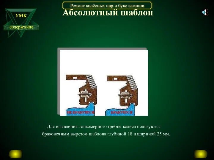 Абсолютный шаблон Для выявления тонкомерного гребня колеса пользуются браковочным вырезом шаблона